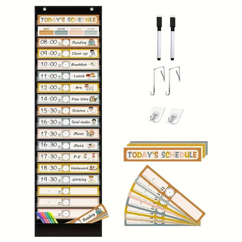 Boho Daily Schedule Pocket Chart with 30pcs Double-Sided Reusable Cards for Classroom Home Preschool Scheduling Organization