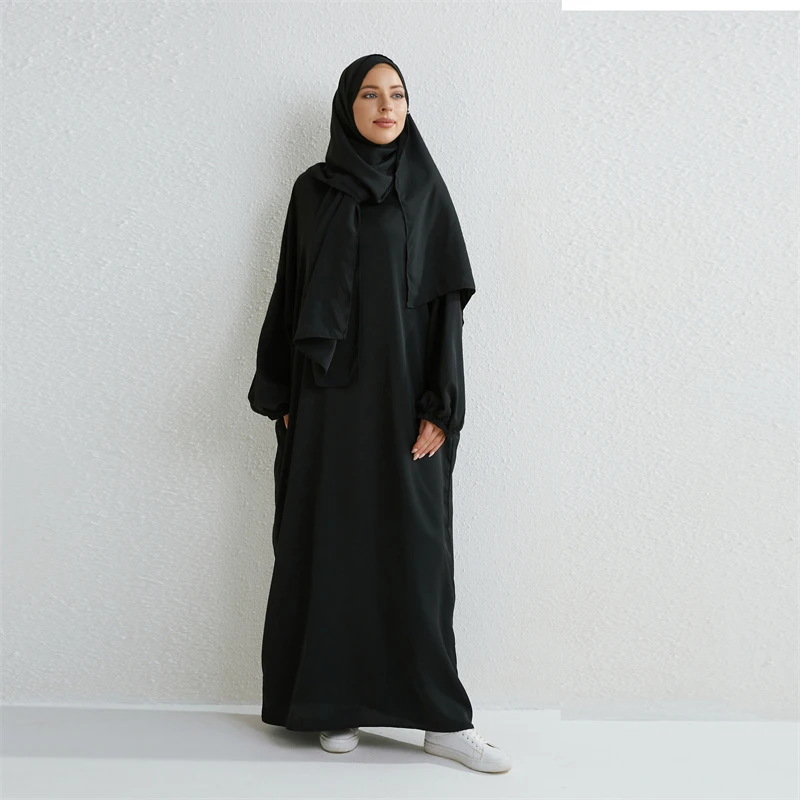 Robe de prière musulmane Abaya pour femmes, vêtements islamiques, Jilbab une pièce, capuche, manches smocks, Dubaï, saoudien, robe noire, modestie turque