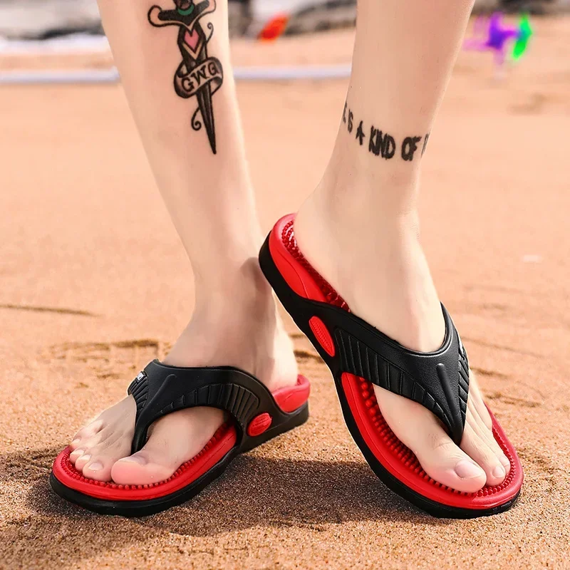 Tongs de Massage pour hommes, chaussures de plage respirantes d'été, sandales de luxe pour hommes, pantoufles respirantes de grande taille 46