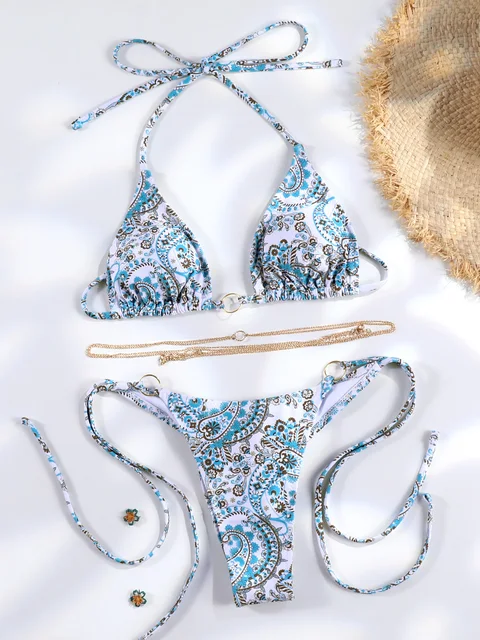 Sexy Triangle chaînes Bikini ensembles Micro tongs maillot de bain femmes maillot de bain Biquini pansements de plage maillot de bain imprimé string Bikini – Image 5