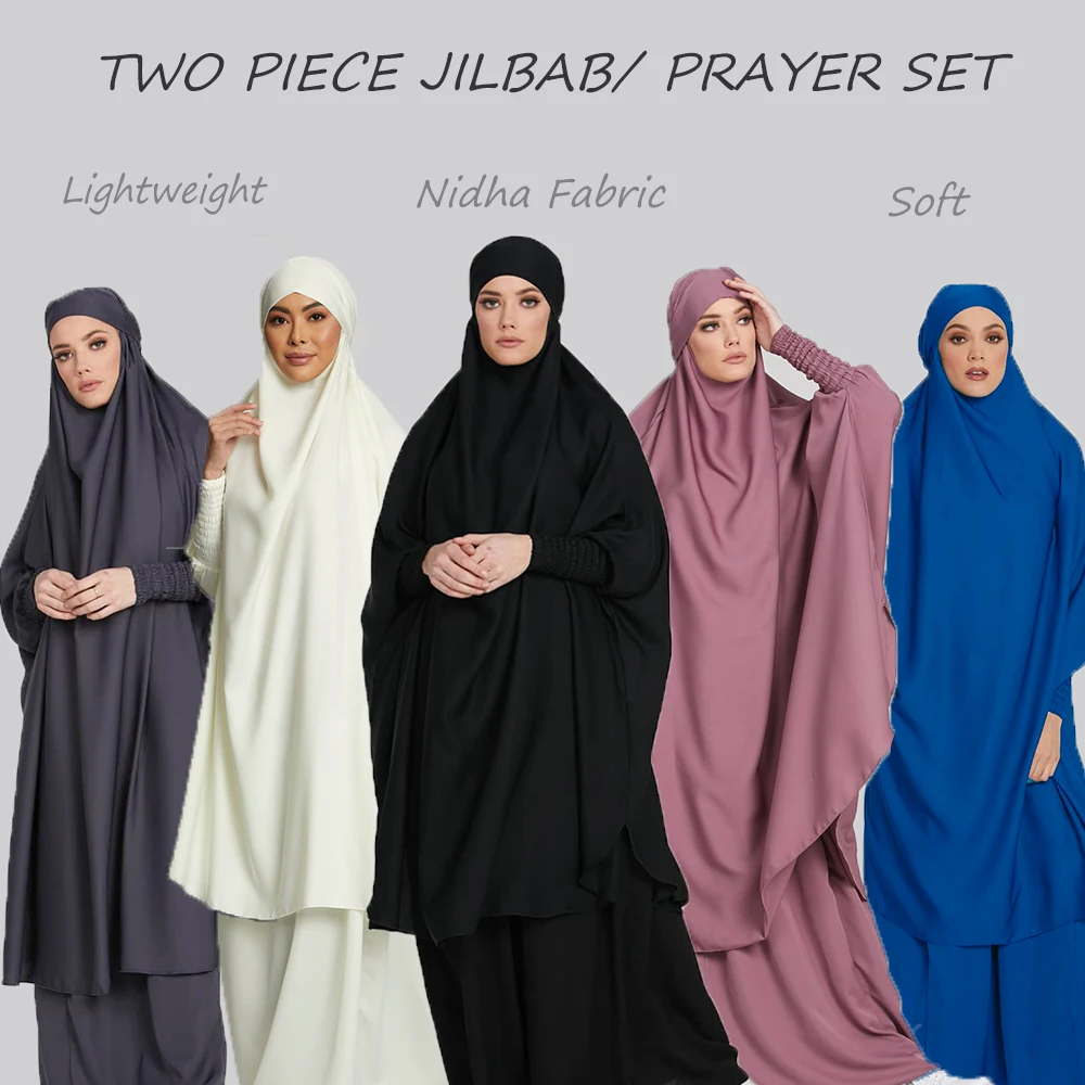 Ensemble de prière Jilbab deux pièces Abaya pour femme Robe Hijab chauve-souris Kimono musulman caftan Robe longue Khimar Islam tissu Jilbab Ramadan