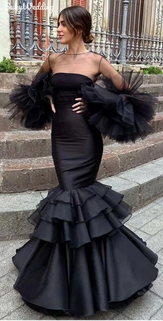 Robe Flamenco noire rétro palais sirène robes de bal Illusion Flare manches longues volants espagne danse femmes robes de soirée – Image 3