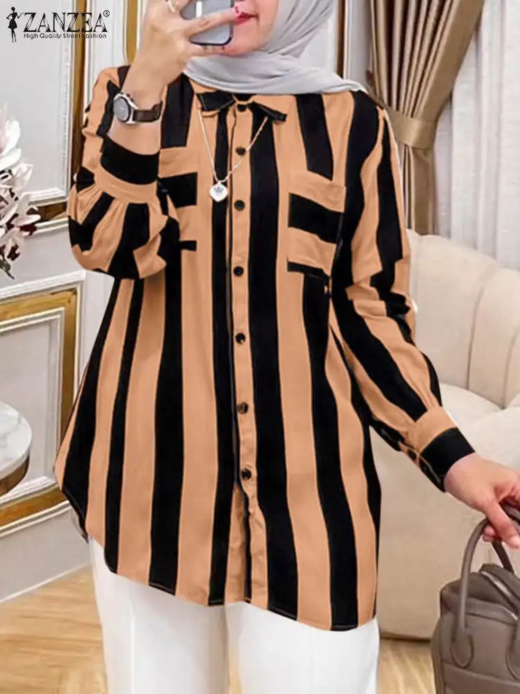 ZANZEA-Chemise à manches longues boutonnée à col rabattu pour femmes, chemise rayée, chemisiers décontractés, mode musulmane, élégant, automne