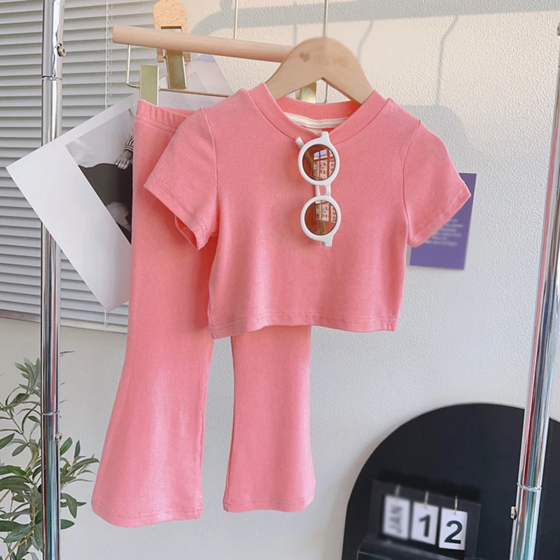 Ensemble deux pièces pour filles, costumes décontractés, col rond, respirant, Chic, couleur unie, Version coréenne, vêtements d'été