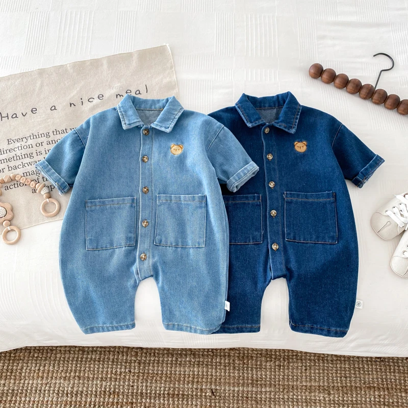 Barboteuse en denim de style coréen pour bébé garçon et fille, combinaison de batterie pour nouveau-né, imprimé ours, extérieur, automne, 0-2 ans