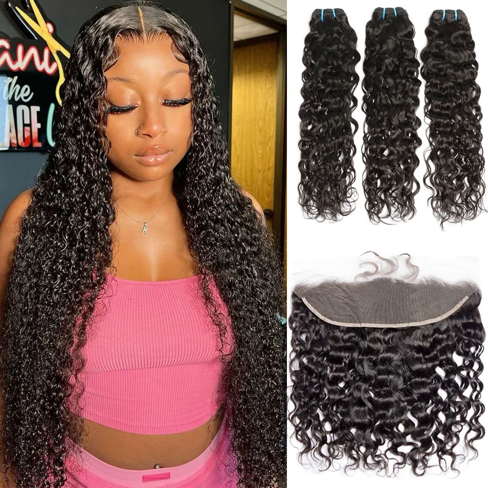 Water Wave Bundles With Closure 30 Inch Remy Brazilian Weaving 5x5 HD Transparent Lace Frontal With Bundles Human Hair Extension
