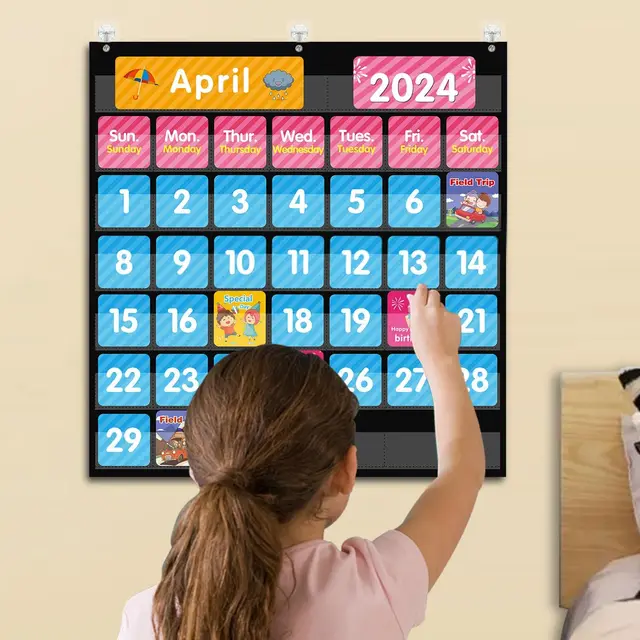 Large 44 Pockets Calendar Pocket Chart for Classroom Monthly Calendar and Weather Pocket Chart for Kids Learning for Home School – Image 5