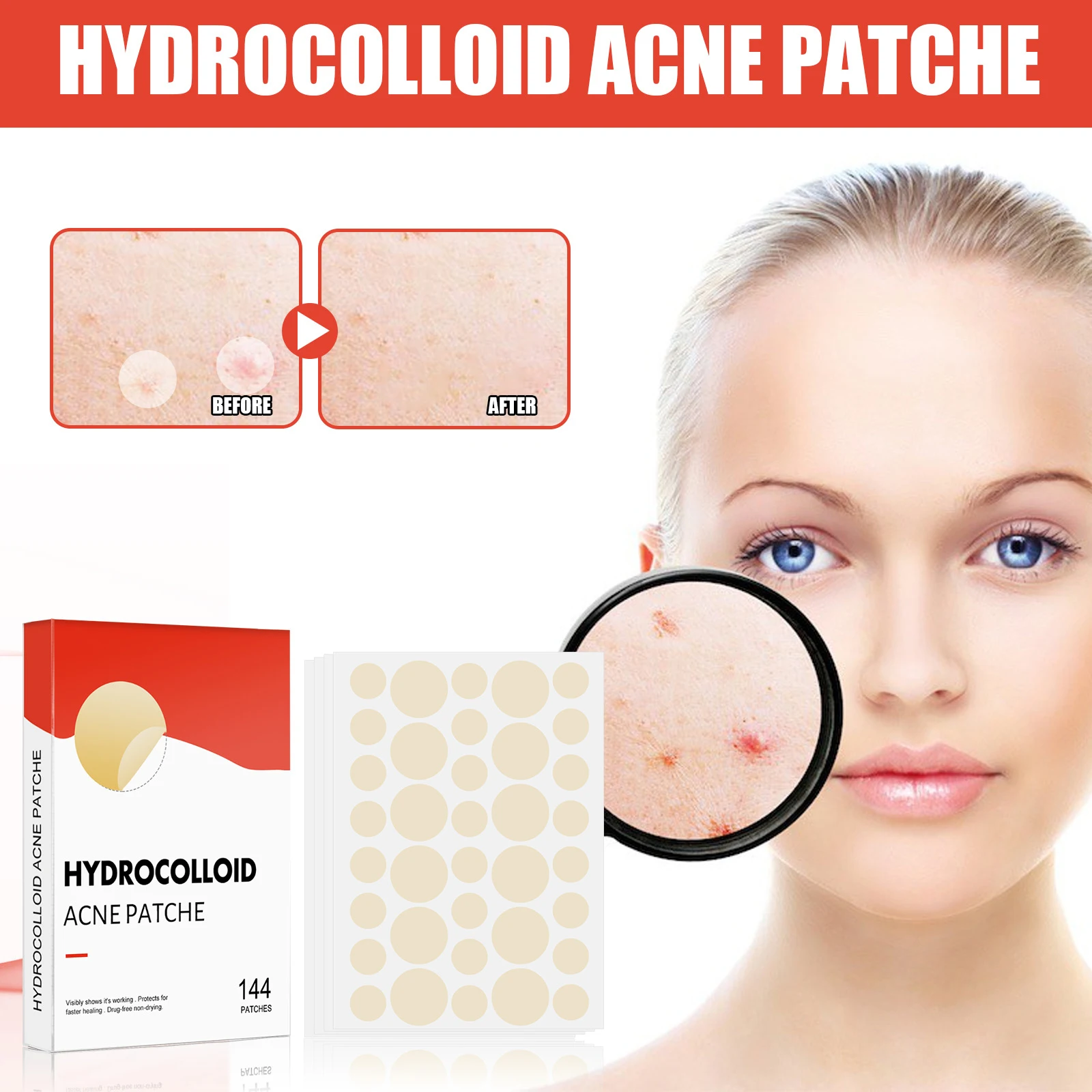 Patch hydrocolloïde pour l'acné, Invisible et fermé, pour le visage, Invisible, imperméable, respirant, pour la peau de l'acné