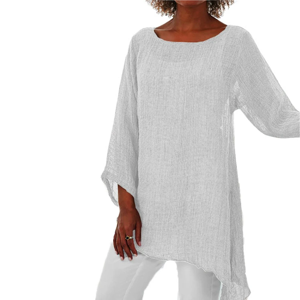 T-shirts décontractés en coton et lin pour femmes, grande taille, chemises élégantes, surdimensionnés, vêtements féminins, pull solide, Y2K Cr, automne 2023