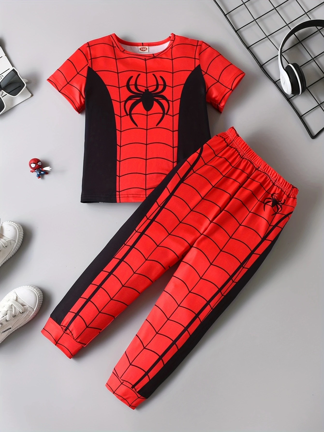 Pyjama imprimé à motif d'araignée pour enfants, vêtements de maison pour garçons, manches courtes, pantalon, printemps, été, ensemble 2 pièces