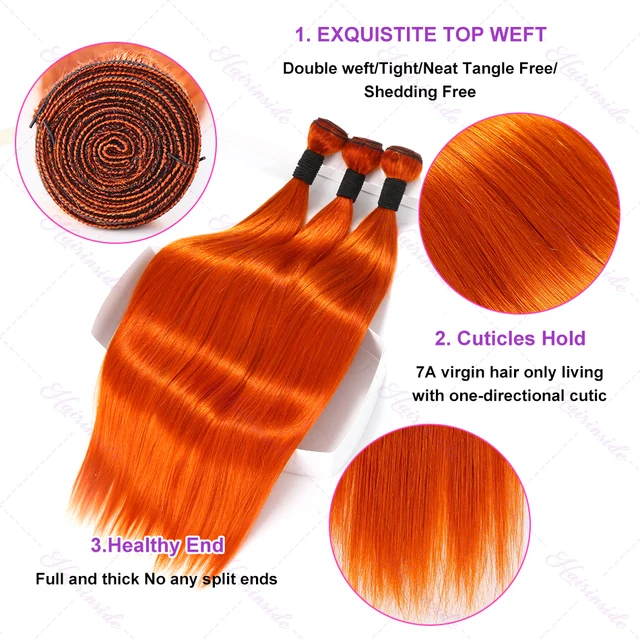 28 30 Inches Bone Straight Bundles Orange Ginger 100% Human Hair Virgin Raw Weave Colored Brazilian Bulk Braiding Hair Extension – Image 3
