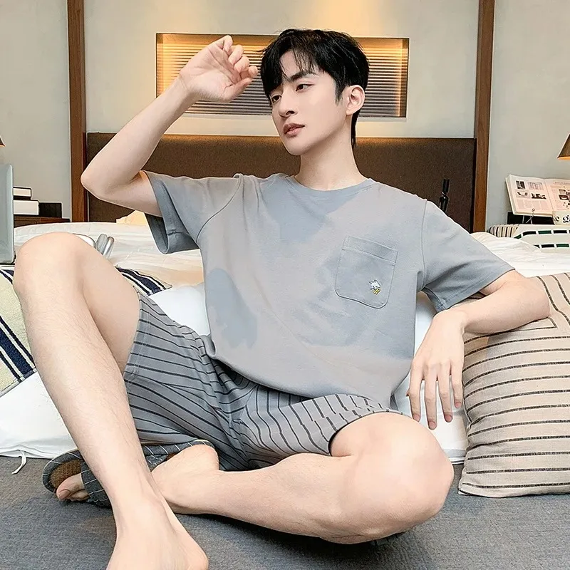 Cotton Plus Size Men Pajamas Set Youth Sleepwear Loungewear Cartoon Bear Nightwear Letters Striped Homewear Two Piece Set