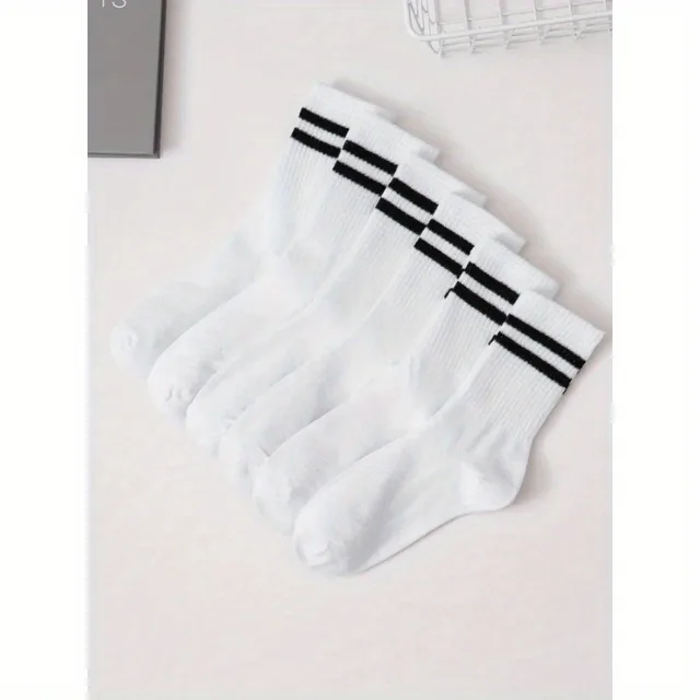 6 Pairs High Tube Mid Length Stockings Set For Men in Solid Black And White With Parallel Bars Popular and Sweat Absorption – Image 4