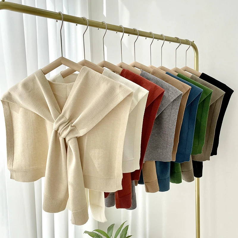 Écharpe de protection du cou coréenne, couleur unie, châle chaud tricoté pour femme, chemisier en laine d'hiver, épaules, faux col, Cape nouée