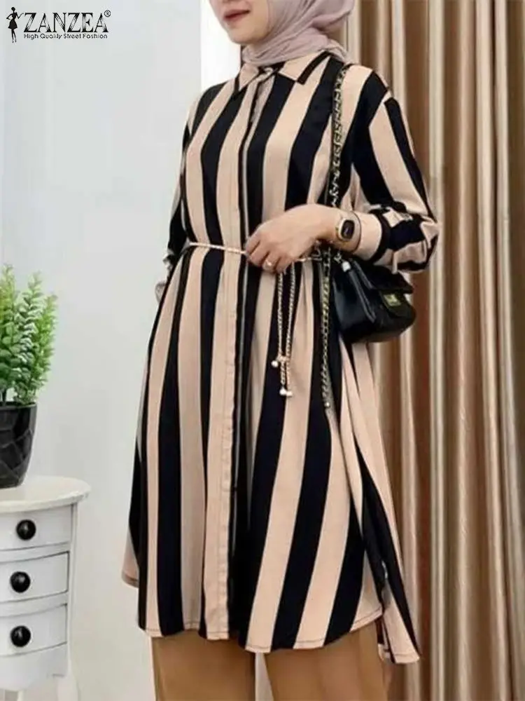 ZANZEA chemisier musulman femmes élégant chemises longues à manches longues décontracté hauts à rayure turquie Abaya caftan ample Busas vêtements islamiques