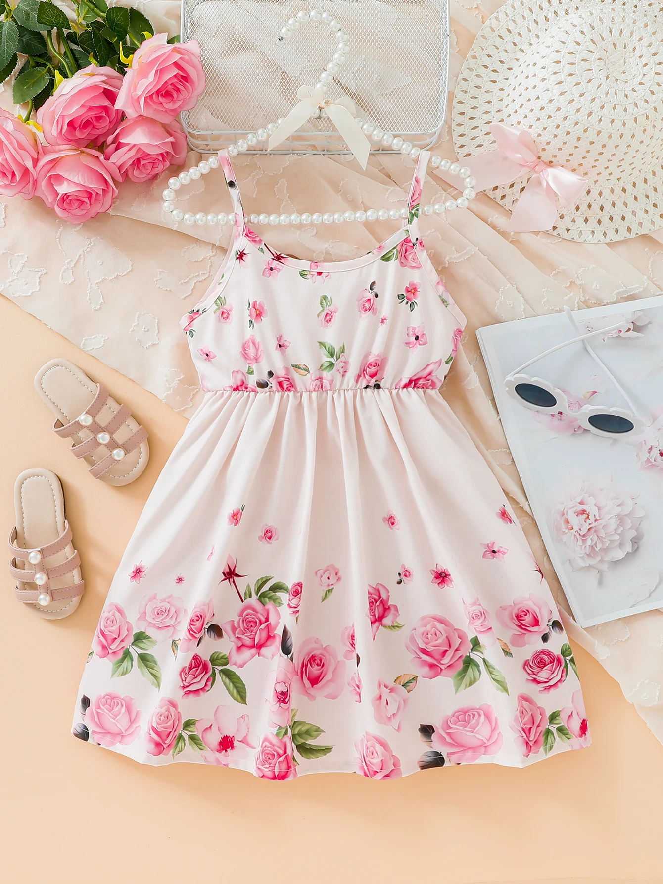 Vêtements d'été robe à fleurs de roses décontracté mode imprimé mignon fille robe à bretelles