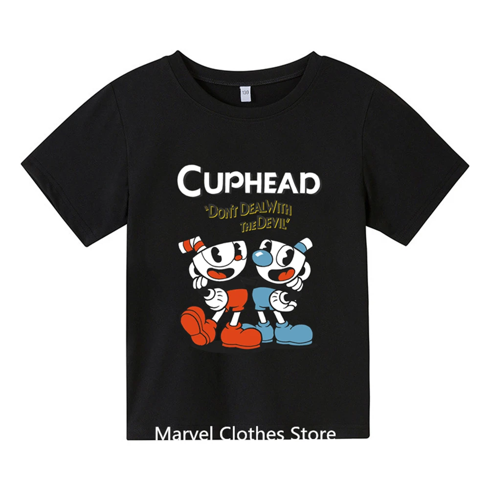 T-shirt imprimé Game Cuphead Mugman pour enfants, haut à la mode, dessins animés décontractés, vêtements pour enfants, garçons, filles, été, 2024