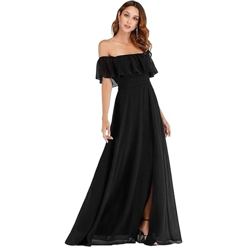 Robe de soirée en mousseline de soie à volants, jupe fendue, sans manches, longueur plate, col un mot, nouvelle collection 2025
