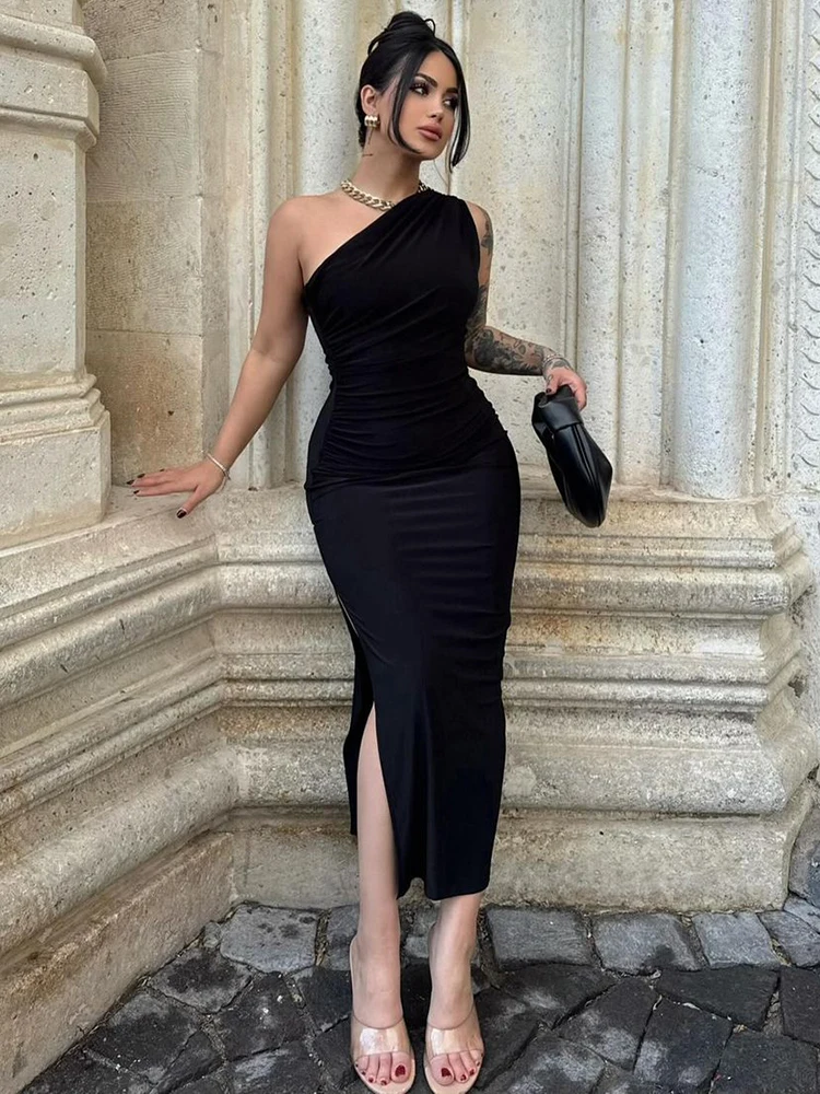 Été noir nouvelle robe femmes mode Sexy fendu sans manches dos nu mince robe Maxi femme décontracté Club élégant dame robe de soirée