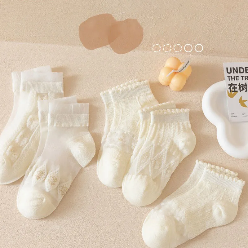 5 paires d'été en coton doux fille chaussettes respirant enfants courtes cheville chaussettes enfants dentelle princesse maille à volants Lolita chaussettes