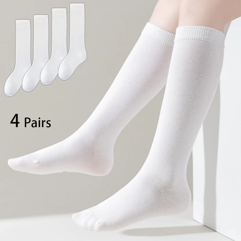 Lot de 4 chaussettes d'école pour enfants, couleur unie, tissu tricoté doux et respirant confortable blanc, chaussettes longues pour filles, toutes saisons