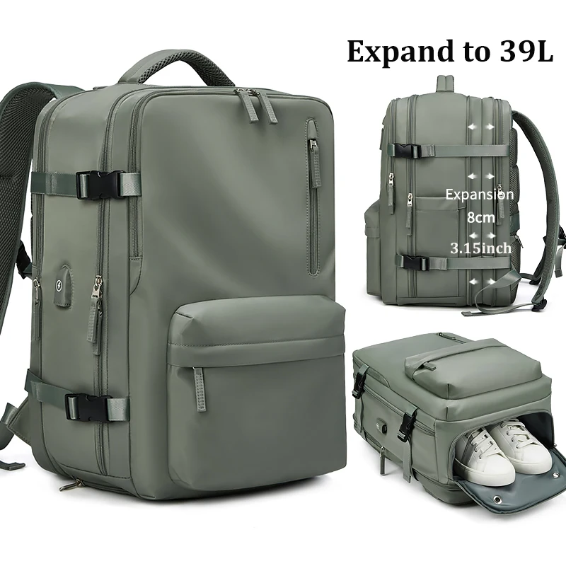 Sac à dos de voyage pour femme, sac à dos pour ordinateur portable d'affaires avec sac à chaussures, sac à dos de randonnée étanche, 16 pouces, agrandi, 39L, chargement USB