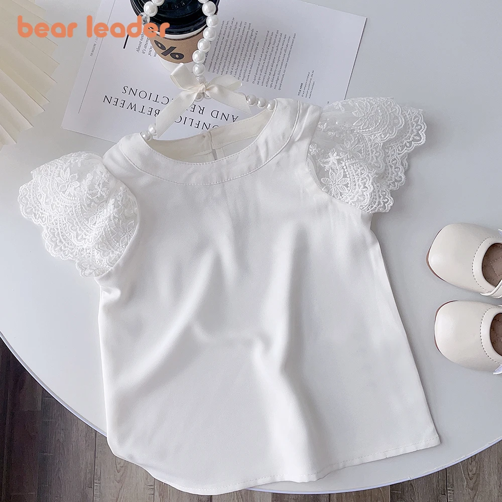 Bear Leader-T-shirt à manches courtes pour filles, blanc, chemisier en dentelle, vêtements d'école pour enfants, vêtements pour enfants, été