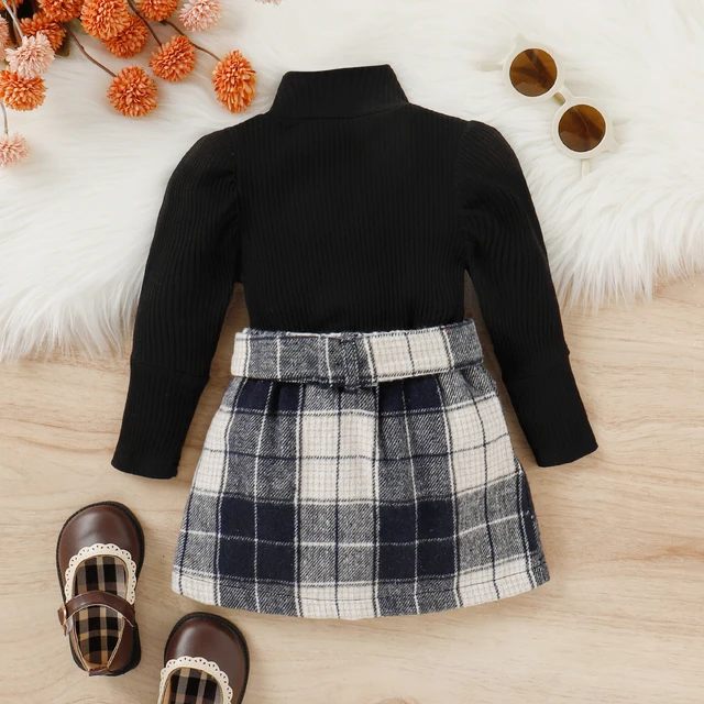 Costume 3 pièces pour filles de 1 à 4 ans, haut à col haut + jupe à carreaux, couleur unie, tendance et à la mode, automne et hiver – Image 2