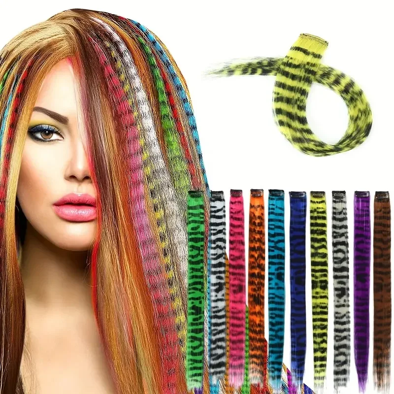 Extensions capillaires synthétiques imprimées à rayures à clipser, longues et lisses, colorées, pour un usage quotidien ou de noël