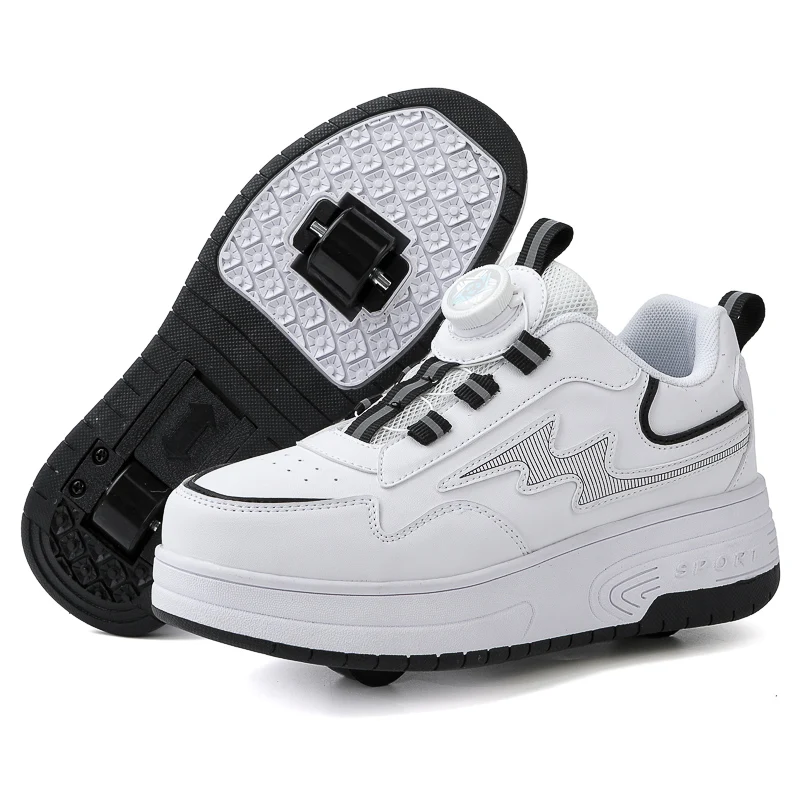 Patins à roulettes amovibles à deux roues pour enfants, baskets en cuir PU, bottes épaisses antidérapantes, chaussures à semelles épaisses pour filles et garçons