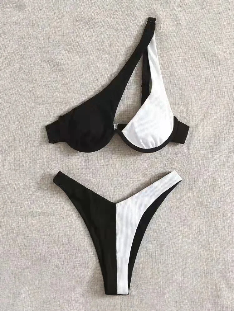 2024 luxe deux pièces solide Patchwork à armatures Push Up une épaule découpé maillots de bain maillots de bain Biqunis brésilien string Bikini