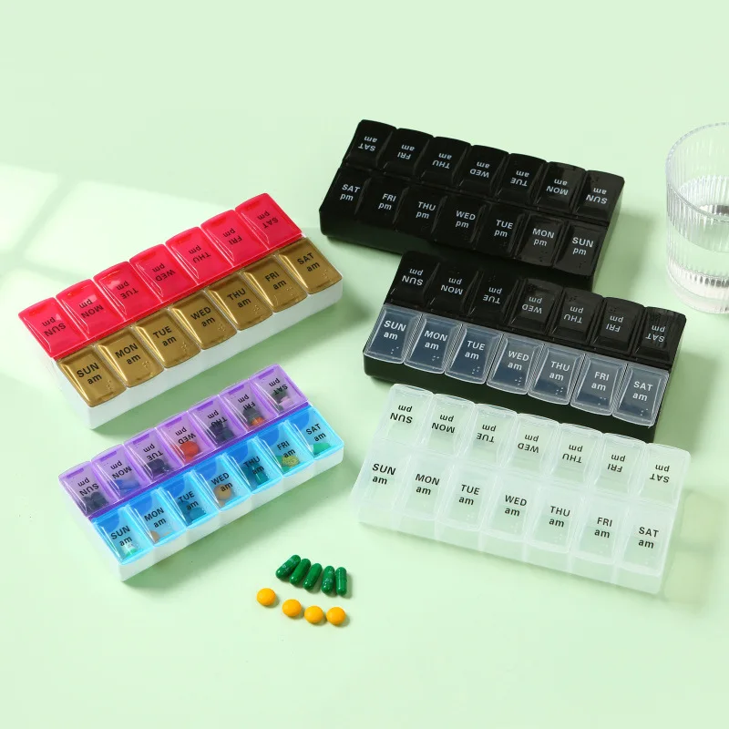 Pilulier de voyage hebdomadaire Portable, boîte de 7 jours organisateur 14 grilles conteneur de pilules, comprimés de stockage médicaments vitamines huiles de poisson