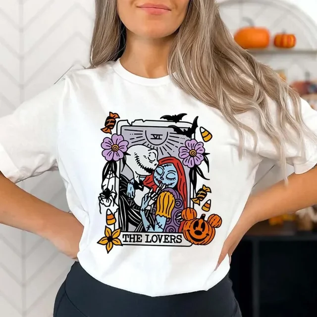 T-shirt de marque de tarot amusant et polyvalent, motif imprimé d'Halloween, haut basique, col rond, style décontracté, dessin animé imprimé, mode – Image 2
