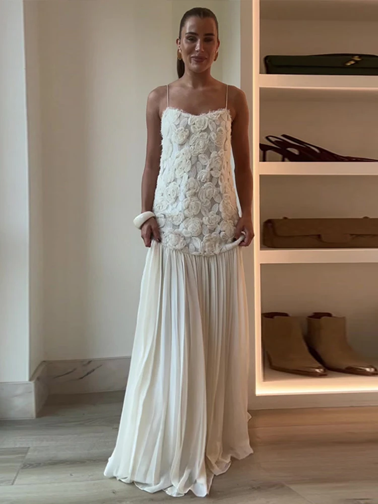 Robe Longue Plissée à Fleurs 3D pour Femme, Tenue Élégante, Rétro, Blanche, Dos aux, Maxi, Printemps, Chic, Rue, ix