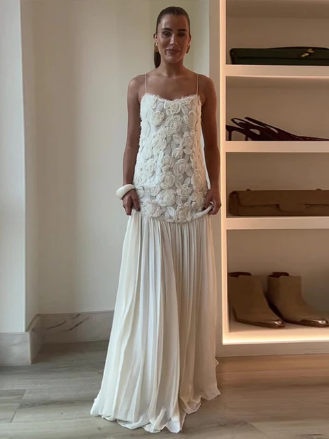 Robe Longue Plissée à Fleurs 3D pour Femme, Tenue Élégante, Rétro, Blanche, Dos aux, Maxi, Printemps, Chic, Rue, ix