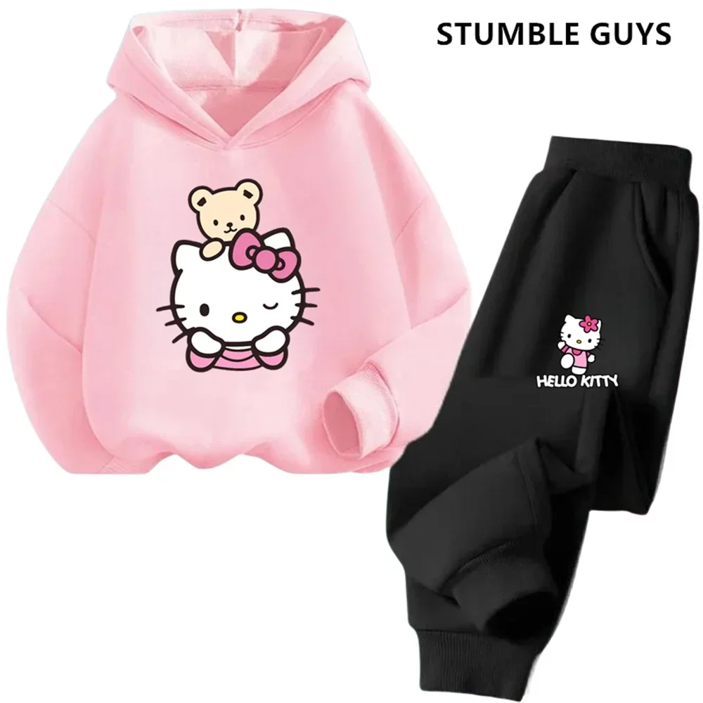 Sweat à capuche Hello Kitty pour garçons et filles, ensemble 2 pièces, sweat-shirt et pantalon de survêtement pour enfants, ensemble de mode pour enfants trempés, FjSet, 3-14T
