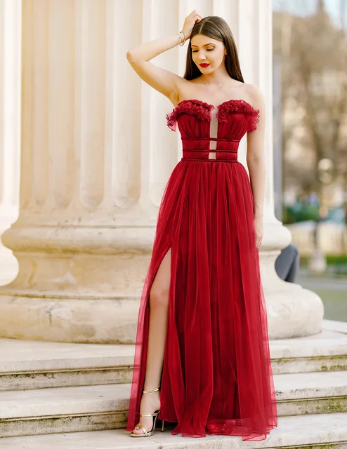 Robe longue de demoiselle d'honneur, Sexy, sans manches, sans bretelles, nouveau Style, taille attachée, fente latérale, pour mariage et Occasions importantes – Image 2