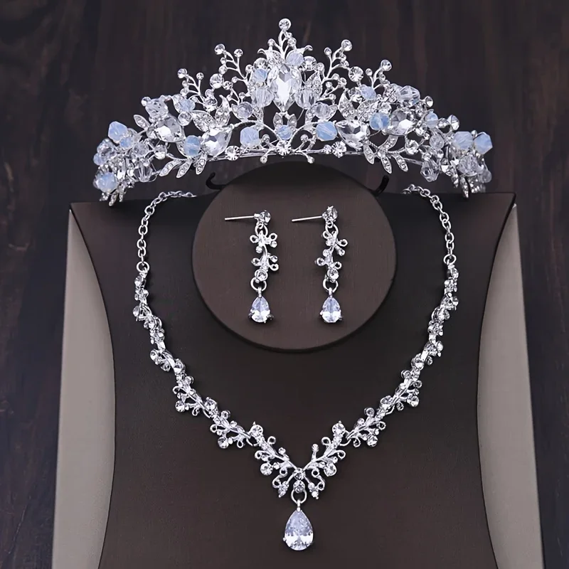 Diadème de mariage en biscuits pour femme, cristal baroque, bijoux patients, vintage, document en or, couronne, collier, boucle d'oreille, cadeau de mariée, 3 pièces