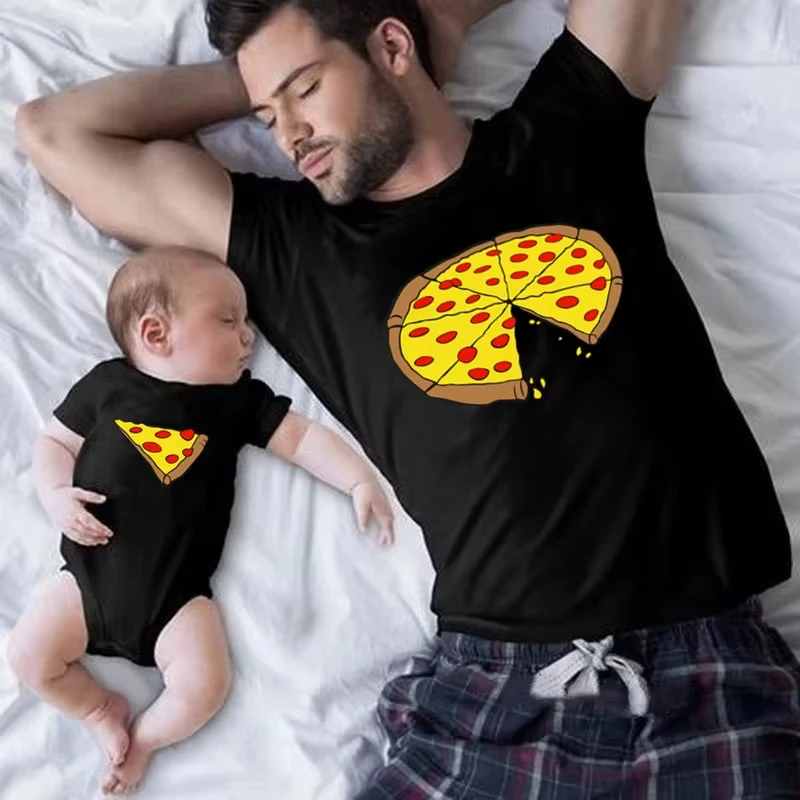 T-shirt drôle imprimé pizza père mère enfants, costume de batterie de bébé, tenues assorties en coton pour la famille, papa spinal, vêtements assortis pour enfants, été