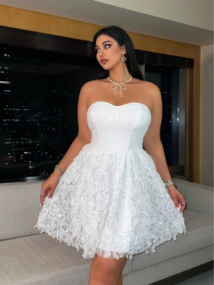 Grande taille 2025 été nouveaux modèles élégant fleurs tridimensionnelles fleurs Net fil Patchwork Corset robe Polyester matériel
