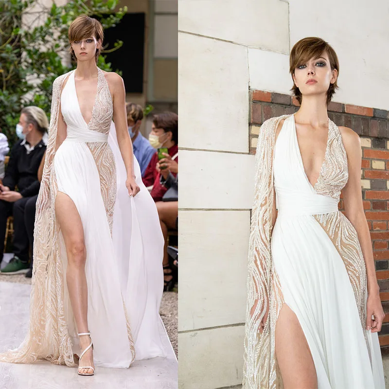 L462 personnalisé Zuhair Murad col en V en mousseline de soie Sexy فسات Khuörtvestidos de fiesta فساتmaverarobes de soirée