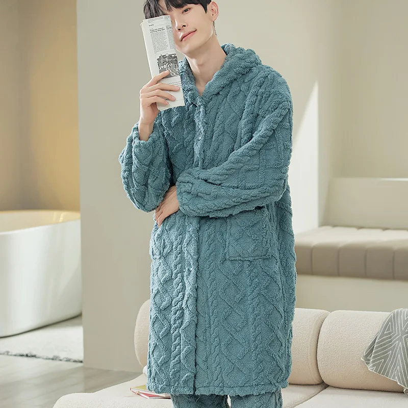 New Pajamas Men Winter Can Wear Long Sleeve Cardigan Pajamas Coral Velvet Pajamas Thick Flannel Homewear Comfortable Warmth