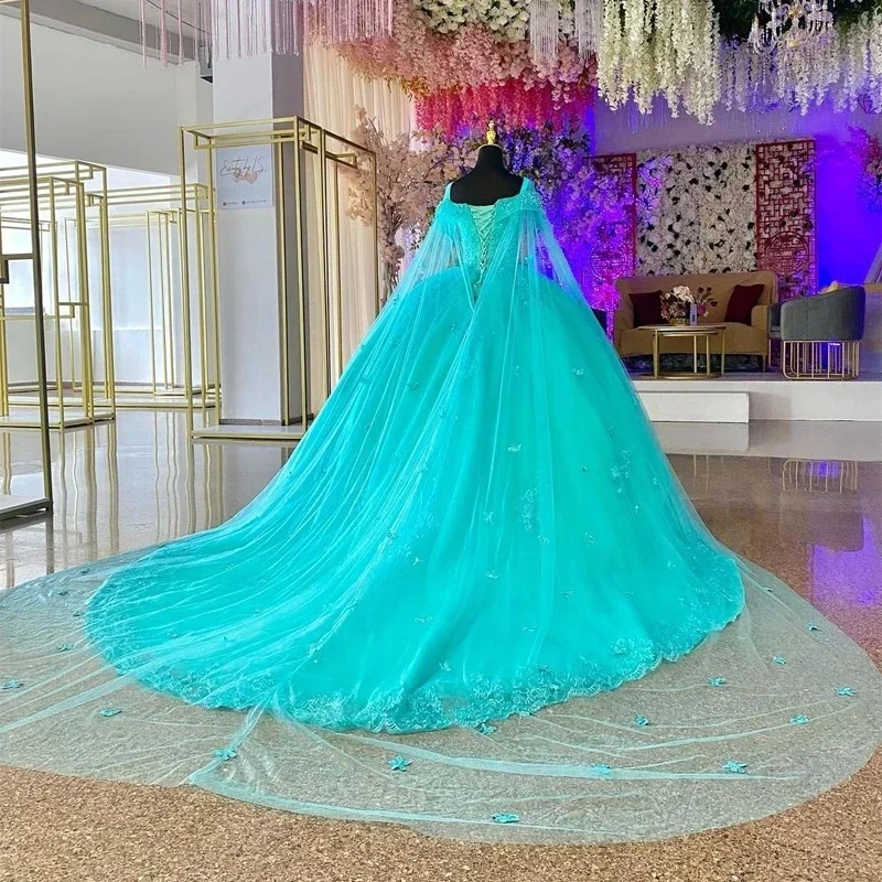 Robes de Quinceanera brillantes avec cape, perles de perles, appliques, robe éducative, 15 ans, fête formelle, Rh, cour, train, corset