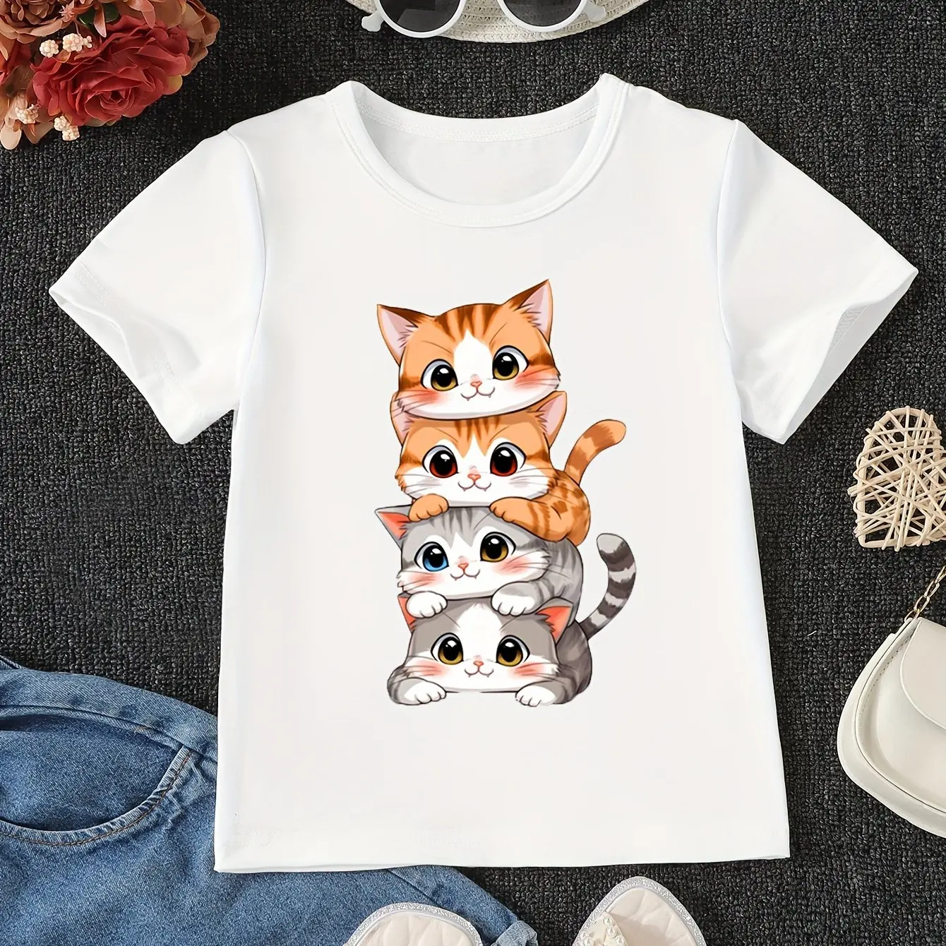 T-Shirt d'été en coton pour filles, motif de chat imprimé, mignon, T-Shirt à manches courtes pour enfants, pyjama, tissus doux et confortables