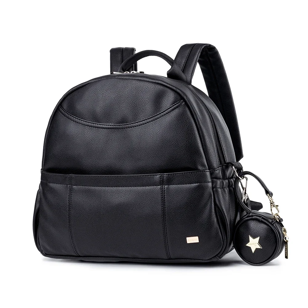 Sac à dos à couches en PU noir pour bébé, grande capacité, poches étanches, sac à langer pour mère, sac de poussette de voyage, nouvelle mode