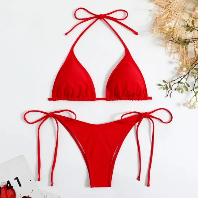 Sexy femmes string couleur unie Bikini ensemble côté licou cravate maillot de bain dames sangle fendue réglable maillot de bain brésilien maillots de bain – Image 2