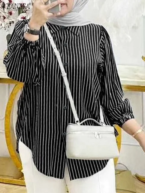 ZANZEA femmes mode musulmane chemises rayées Hijab islamique à manches longues revers cou ourlet arrondi Camisas automne 2024 Blouses boutonnées – Image 3