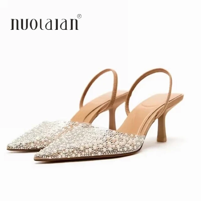 Escarpins à talons hauts avec décoration de perles pour femmes, escarpins à bout pointu, sandales élégantes, mode été 2024 – Image 2