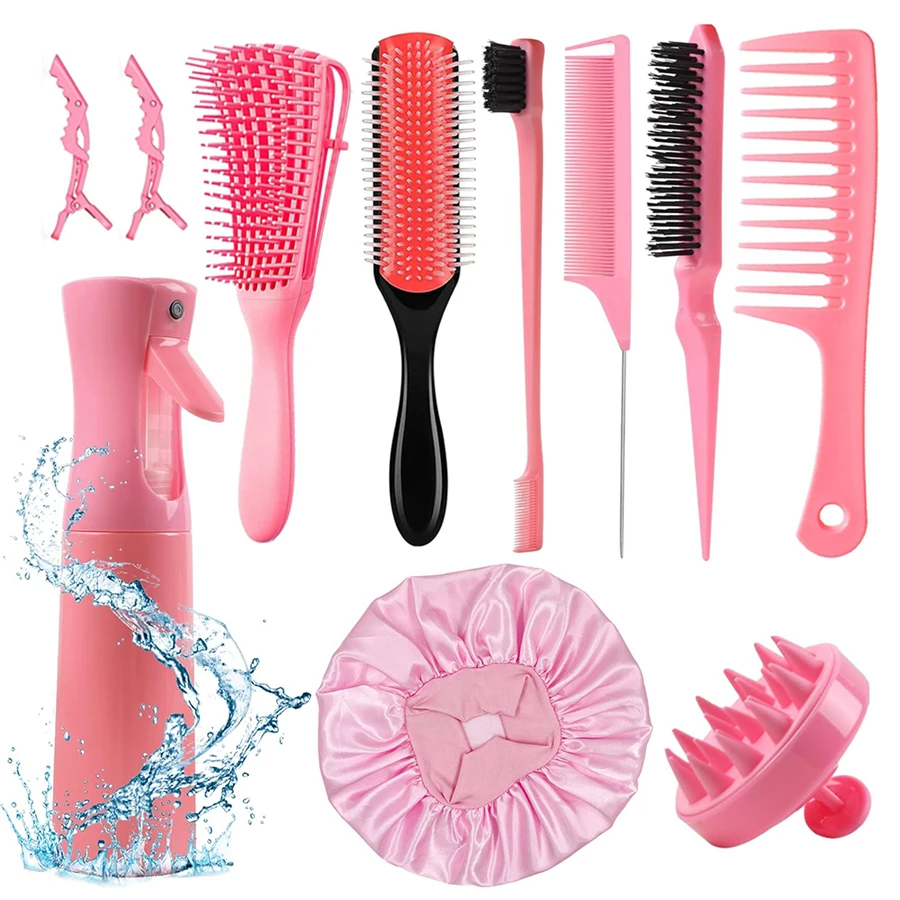 Ensemble de 11 brosses à cheveux, ensemble de brosses démêlantes pour cheveux bouclés avec flacon pulvérisateur pour cheveux, ensemble de brosses à cheveux, brosse de massage du cuir chevelu, 9 rangées