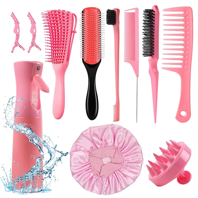Ensemble de 11 brosses à cheveux, ensemble de brosses démêlantes pour cheveux bouclés avec flacon pulvérisateur pour cheveux, ensemble de brosses à cheveux, brosse de massage du cuir chevelu, 9 rangées